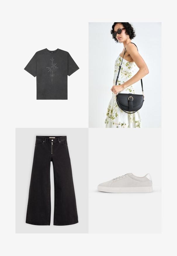 Dark gray oversized t-shirt made of cotton, featuring a central sun graphic with intricate line details printed on the front.; Wide-leg jeans in black denim with a zippered front, five-pocket design, and subtle stitching details. Smooth texture and casual style.; Light grey suede sneaker with a rounded toe, flat white sole, and silver heel accent. Laced design with minimal stitching details.; Black leather handbag with a curved shape, detachable strap, and gold hardware. The bag features a flap with a buckle detail.