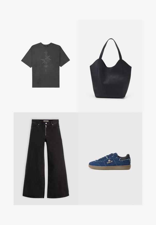 T-shirt oversize grigio scuro in cotone, con una grafica centrale di un sole con dettagli intricati stampati sul davanti.; Jeans a gamba larga in denim nero con chiusura a zip, design a cinque tasche e dettagli di cucitura sottili. Texture morbida e stile casual.; Replay PYPER - Sneakers basse - blue; Borsa tote nera realizzata in pelle liscia, con una parte superiore curva e aperta, dotata di due manici per spalla e un design minimalista.