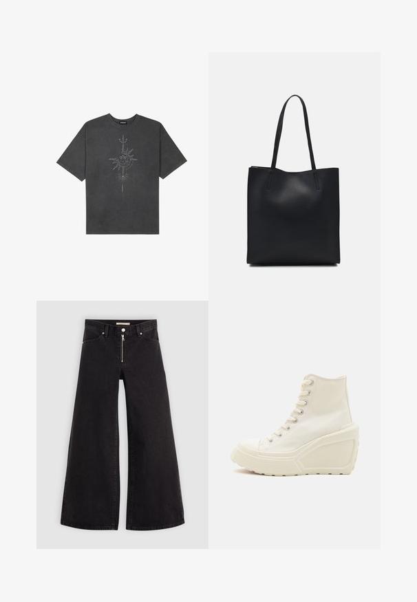 Dark gray oversized t-shirt made of cotton, featuring a central sun graphic with intricate line details printed on the front.; Wide-leg jeans in black denim with a zippered front, five-pocket design, and subtle stitching details. Smooth texture and casual style.; White canvas high-top sneakers with wedge sole, featuring metal eyelets, round toe, and a textured rubber outsole.; Black leather tote bag with smooth texture, rectangular shape, and two long handles. No visible hardware or embellishments.