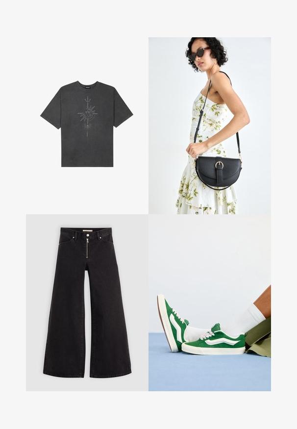 Dark gray oversized t-shirt made of cotton, featuring a central sun graphic with intricate line details printed on the front.; Wide-leg jeans in black denim with a zippered front, five-pocket design, and subtle stitching details. Smooth texture and casual style.; Green suede sneakers with white accents, textured laces featuring pink details, and a tan rubber sole, worn with white socks and green shorts.; Black leather handbag with a curved shape, detachable strap, and gold hardware. The bag features a flap with a buckle detail.