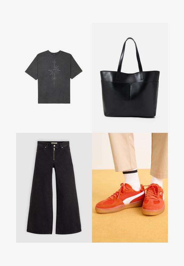 T-shirt oversized cinza escuro feito de algodão, apresentando um gráfico central do sol com detalhes de linhas intrincadas impressos na frente.; Calças de ganga de perna larga em denim preto com fecho éclair à frente, design de cinco bolsos e detalhes de costura subtil. Textura suave e estilo casual.; Ténis de camurça vermelha com painéis em malha, detalhes brancos e solas de borracha. Combinados com meias brancas com riscas pretas.; Bolsa tote preta em couro com duas alças longas, textura suave e forma estruturada. Apresenta um bolso frontal para armazenamento adicional.