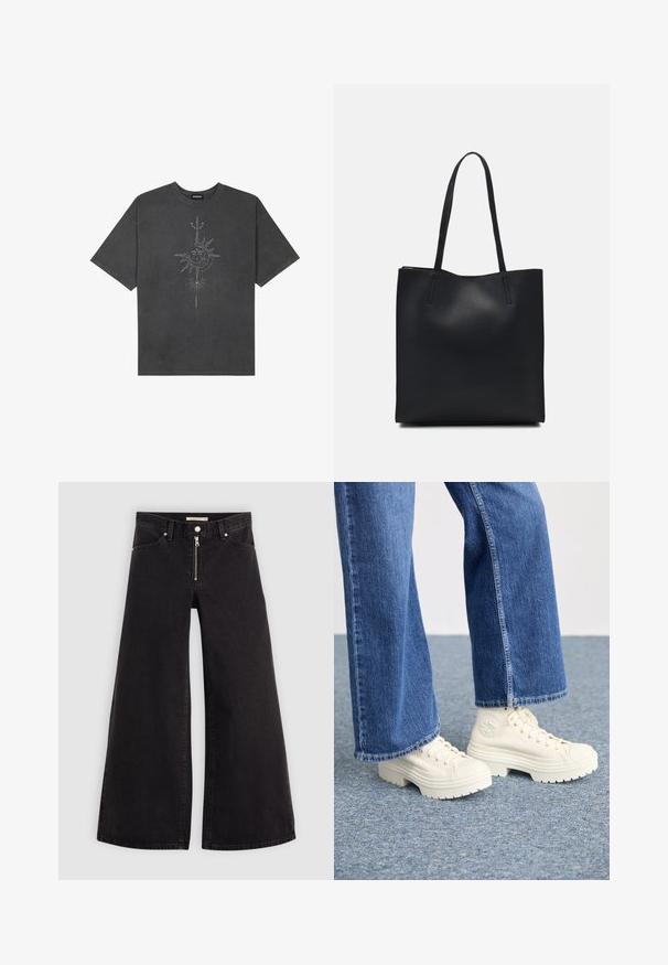 Tamno siva oversized majica od pamuka, s centralnom grafikom sunca s složenim linijskim detaljima ispisanim na prednjoj strani.; Široke traperice od crnog denima s prednjim zatvaračem, dizajnom s pet džepova i suptilnim detaljima šivanja. Glatka tekstura i ležeran stil.; Bijele visoke tenisice sa debelim, rebrastim đonovima i kružnim logom, nošene uz svijetloplave široke traperice.; Crna kožna torba za nošenje s glatkom teksturom, pravokutnim oblikom i dvije duge ručke. Nema vidljivih metalnih dijelova ili ukrasa.