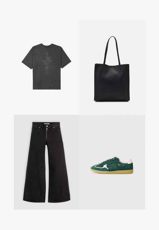 Tamno siva oversized majica od pamuka, s centralnom grafikom sunca s složenim linijskim detaljima ispisanim na prednjoj strani.; Široke traperice od crnog denima s prednjim zatvaračem, dizajnom s pet džepova i suptilnim detaljima šivanja. Glatka tekstura i ležeran stil.; Zelene nubuk tenisice s bijelim akcentima, perforiranim detaljima i teksturiranom gumom. Ima okruglace i podstavljen petni dio.; Crna kožna torba za nošenje s glatkom teksturom, pravokutnim oblikom i dvije duge ručke. Nema vidljivih metalnih dijelova ili ukrasa.