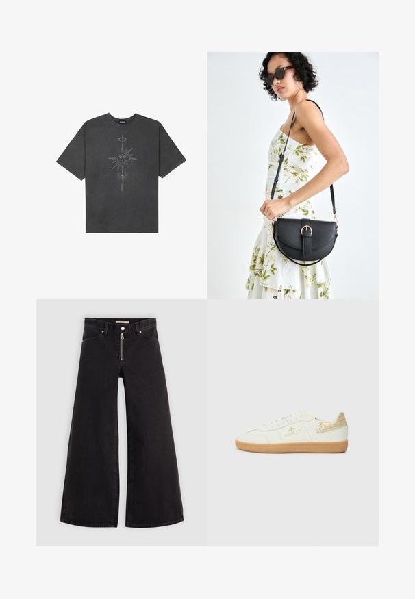 Tmavě šedé oversized tričko vyrobené z bavlny, s centrálním slunečním grafickým motivem s propracovanými liniemi potištěným na přední straně.; Džíny s širokými nohavicemi v černém denimovém provedení se zipem vpředu, pěti kapsami a jemnými švy. Hladká textura a ležérní styl.; Replay PYPER W TRADE - Tenisky - white; Černá kožená kabelka s křivkovým tvarem, odnímatelným popruhem a zlatými detaily. Kabelka má klopu s přezkou.