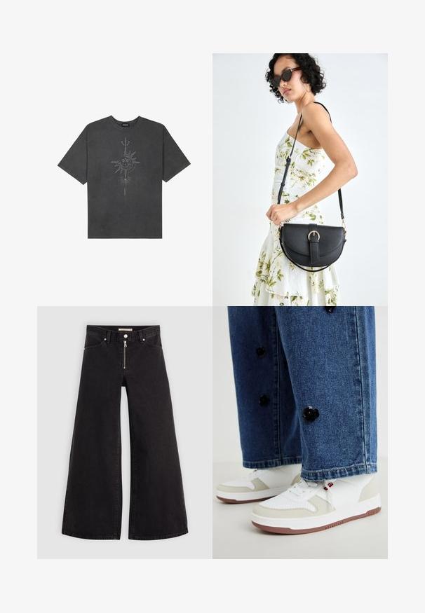 Tamno siva oversized majica od pamuka, s centralnom grafikom sunca s složenim linijskim detaljima ispisanim na prednjoj strani.; Široke traperice od crnog denima s prednjim zatvaračem, dizajnom s pet džepova i suptilnim detaljima šivanja. Glatka tekstura i ležeran stil.; Bijele i bež tenisice s perforiranim detaljima, uparene s plavim trapericama koje imaju crne cvjetne ukrase.; Crna kožna torba s lukovitim oblikom, odvojivim remenom i zlatnim detaljima. Torba ima preklop s kopčom.