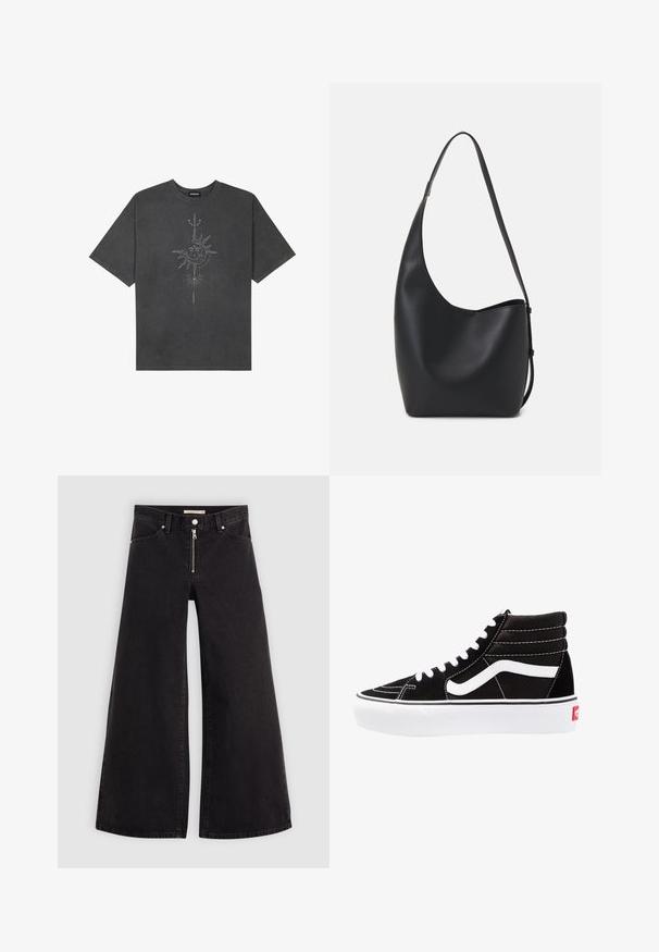Donkergrijze oversized t-shirt van katoen, voorzien van een centrale zonafbeelding met ingewikkelde lijndetails die op de voorkant zijn gedrukt.; Wijdvallende jeans van zwarte denim met een ritssluiting aan de voorkant, vijf zakken en subtiele stikdetails. Soepele textuur en casual stijl.; Zwarte high-top sneakers met witte veters, een wit logo en contrasterende witte stiksels. Heeft een dikke witte zool en een bovenwerk van gestructureerd suede.; Zwarte leren hobo tas met een gladde textuur, kromme vorm en een enkele verstelbare schouderband; heeft een brede opening aan de bovenkant.