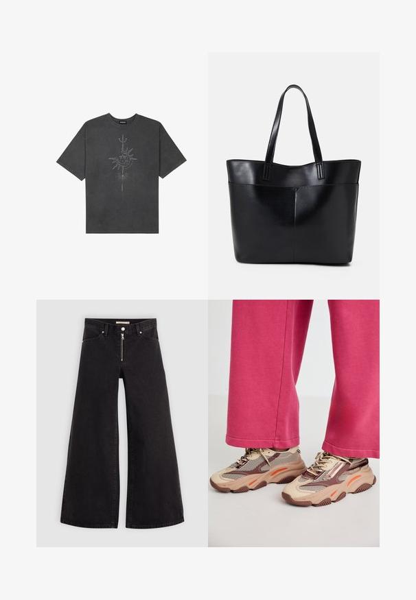Mørkegrå oversized t-shirt lavet af bomuld, med et centralt solgrafik med indviklede linjedetaljer trykt på forsiden.; Vide ben jeans i sort denim med lynlås foran, fem lomme-design og subtile stikninger. Glat tekstur og afslappet stil.; Chunky beige sneakers med mesh og brune accenter, med orange highlights og en tekstureret sål. Båret med lyserøde bukser, hvilket viser et afslappet look.; Sort læder tote taske med to lange håndtag, en glat tekstur og en struktureret form. Har en forlommem for ekstra opbevaring.