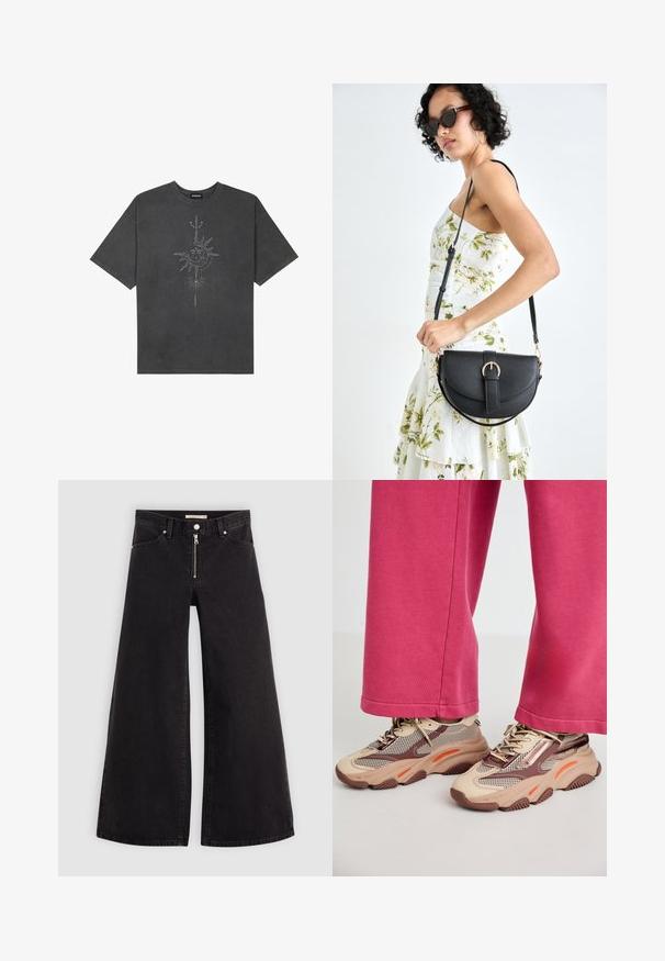 Tumehall pehmea t-särk, mis on valmistatud puuvillast, esiküljel on keeruliste joontega trükitud keskmine päikesegraafika.; Laiad teksad mustast denimist, millel on lukuga eesmine osa, viie taskuga disain ja peened õmblusdetailid. Sile tekstuur ja juhuslik stiil.; Kohmakad beežid tossud, millel on võrkturv ja pruunid aktsendid, koos oranžide esiletõstetega ja tekstureeritud tallaga. Ühildatud roosade pükstega, esitades lõdva välimuse.; Mustmust mustraha kõverate joontega, eemaldatava rihmaga ja kuldsete detailidega. Kotil on klapp, millel on pandladetail.