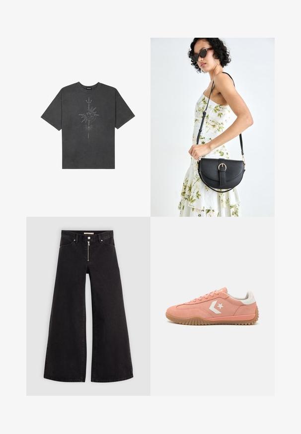T-shirt surdimensionné gris foncé en coton, avec un graphisme central représentant un soleil, ornée de détails de lignes complexes imprimés sur le devant.; Jean large en denim noir avec une fermeture éclair à l'avant, un design à cinq poches et des détails de couture subtils. Texture lisse et style décontracté.; Baskets en suède rose avec des accents blancs, design à lacets, semelle en gomme texturée et logo d'étoile sur le côté. Profil bas et léger.; Sac à main en cuir noir avec une forme courbée, bandoulière amovible et des accessoires en or. Le sac est doté d'un rabat avec un détail de boucle.