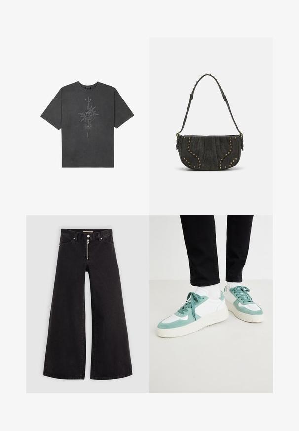 Tmavosivý oversized tričko vyrobené z bavlny, s centrálnou grafikou slnka s prepracovanými líniovými detailmi potlačenými na prednej strane.; Dlhé nohavice vo voľnom strihu z čierneho denimu so zipsom vpredu, päť vrecúškovým dizajnom a jemnými stehovými detailmi. Hladká textúra a neformálny štýl.; Svetlo mätovo zelené a biele tenisky zo semišového a sieťového materiálu, s textúrovanou podrážkou a zladenými šnúrkami. Doplnkové perforované detaily.; Čierna semišová kabelka s oblúkovým dizajnom, zdobená nitmi a textúrovaným povrchom. Nastaviteľný popruh s detailmi z hrotov pozdĺž okraja.