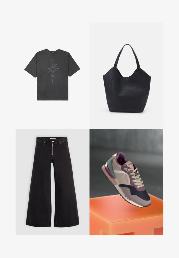 T-shirt oversized cinza escuro feito de algodão, apresentando um gráfico central do sol com detalhes de linhas intrincadas impressos na frente.; Calças de ganga de perna larga em denim preto com fecho éclair à frente, design de cinco bolsos e detalhes de costura subtil. Textura suave e estilo casual.; Sapatilhas com uma mistura de tons de malva, rosa e azul-marinho; materiais em tecido e couro; design em camadas; logótipo proeminente e acabamentos texturizados.; Saco tote preto feito de couro liso, apresentando um topo aberto curvo com duas alças de ombro e um design minimalista.