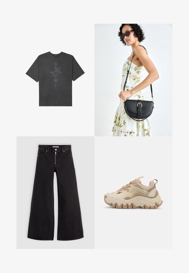Musta harmaa ylisuurennettu t-paita, joka on valmistettu puuvillasta ja jossa on keskellä aurinkokuvio, jossa on monimutkaisia viivadetaileja painettuna etupuolelle.; Mustat leveälahkeiset farkut, joissa on vetoketjufrunti, viisi-taskuinen muotoilu ja hienovaraiset ompelusyyt. Sileä pinta ja rento tyyli.; Kengät vaaleanbeige ja kerma, joissa on tekstuuri päällisessä, rei'itetyt sivut ja aaltoileva pohja. Varustettu nauhoilla ja vetotappi kannassa.; Musta nahkainen käsilaukku, joka on kaareva muotoilultaan, irrotettavalla hihnalla ja kultaisilla yksityiskohdilla. Laukussa on läppä, jossa on solk yksityiskohta.