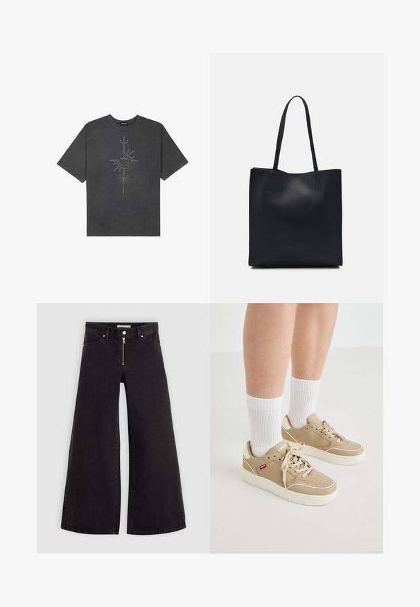 Camiseta de gran tamaño gris oscuro hecha de algodón, con un gráfico central de un sol con intrincados detalles lineales impresos en la parte frontal.; Jeans de pierna ancha en denim negro con cierre frontal, diseño de cinco bolsillos y detalles de costura sutiles. Textura suave y estilo casual.; Levi's® Zapatillas - beige; Bolso tote de cuero negro con textura lisa, forma rectangular y dos asas largas. Sin herrajes ni adornos visibles.