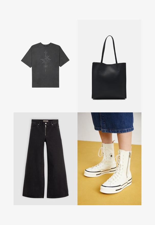 Mørkegrå oversized t-skjorte laget av bomull, med et sentralt solmotiv med intrikate linjedetaljer trykket på forsiden.; Vide benbukser i sort denim med glidelås i front, fem-lomme design og subtile sømdetaljer. Glatt tekstur og avslappet stil.; Hvite høyhælte sneakers med glidelås, snøring og svarte stripeakenter på en tykk såle. Teksturet kanvasmateriale.; Svart lær tote bag med glatt tekstur, rektangulær form og to lange håndtak. Ingen synlige deler eller dekorasjoner.