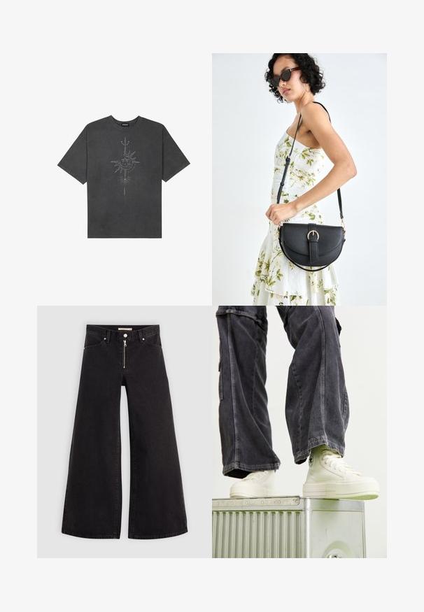 Tumehall pehmea t-särk, mis on valmistatud puuvillast, esiküljel on keeruliste joontega trükitud keskmine päikesegraafika.; Laiad teksad mustast denimist, millel on lukuga eesmine osa, viie taskuga disain ja peened õmblusdetailid. Sile tekstuur ja juhuslik stiil.; Küljelt kõrgendatud tossud heledas valges kanepikangas, kummitaldadega, detailse õmblusega ja ringikujulise logoga, kombineeritud tumehallide laia jala cargo-pükstega.; Mustmust mustraha kõverate joontega, eemaldatava rihmaga ja kuldsete detailidega. Kotil on klapp, millel on pandladetail.