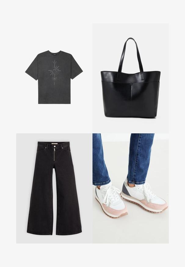Tmavosivý oversized tričko vyrobené z bavlny, s centrálnou grafikou slnka s prepracovanými líniovými detailmi potlačenými na prednej strane.; Dlhé nohavice vo voľnom strihu z čierneho denimu so zipsom vpredu, päť vrecúškovým dizajnom a jemnými stehovými detailmi. Hladká textúra a neformálny štýl.; Biele a svetloružové tenisky so šedými akcentmi, s vrchnou časťou z semišu a sieťoviny, gumovou podrážkou a okrúhlymi šnúrkami.; Čierna kožená tote taška s dvoma dlhými rúčkami, hladkým povrchom a štruktúrovaným tvarom. Obsahuje prednú kapsu pre dodatočné uskladnenie.