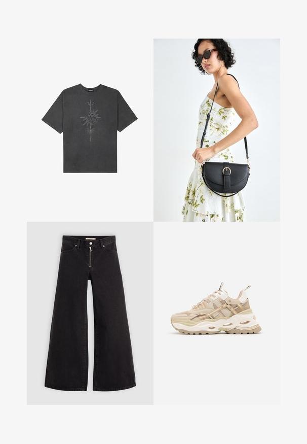 Camiseta de gran tamaño gris oscuro hecha de algodón, con un gráfico central de un sol con intrincados detalles lineales impresos en la parte frontal.; Jeans de pierna ancha en denim negro con cierre frontal, diseño de cinco bolsillos y detalles de costura sutiles. Textura suave y estilo casual.; Zapatilla beige con suela blanca gruesa, paneles de malla y finas rayas beige. Cuenta con un cuello acolchado y acentos texturizados en toda la superficie.; Bolso de piel negra con forma curva, correa desmontable y herrajes dorados. El bolso cuenta con una solapa con un detalle de hebilla.