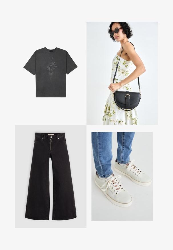 Tumehall pehmea t-särk, mis on valmistatud puuvillast, esiküljel on keeruliste joontega trükitud keskmine päikesegraafika.; Laiad teksad mustast denimist, millel on lukuga eesmine osa, viie taskuga disain ja peened õmblusdetailid. Sile tekstuur ja juhuslik stiil.; Heled rohelised nahast tossud valgete paeltega, roosakuldsete detailidega ja tekstuurse viimistlusega. Valgest kummist tald ja pruun konts.; Mustmust mustraha kõverate joontega, eemaldatava rihmaga ja kuldsete detailidega. Kotil on klapp, millel on pandladetail.