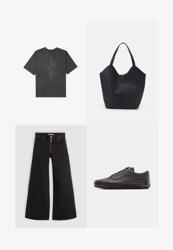 Camiseta de gran tamaño gris oscuro hecha de algodón, con un gráfico central de un sol con intrincados detalles lineales impresos en la parte frontal.; Jeans de pierna ancha en denim negro con cierre frontal, diseño de cinco bolsillos y detalles de costura sutiles. Textura suave y estilo casual.; Zapatillas de cuero negro con acentos en burdeos, puntera redondeada, diseño de cordones, costuras visibles y suela de goma texturizada.; Bolso tote negro fabricado en cuero liso, con un diseño minimalista que presenta un borde superior curvado y dos asas para el hombro.