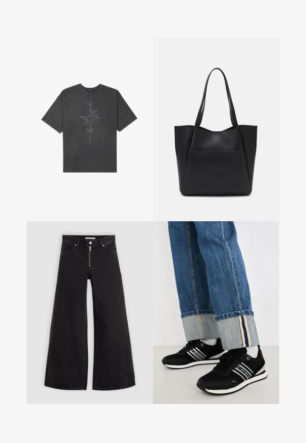 Tumehall pehmea t-särk, mis on valmistatud puuvillast, esiküljel on keeruliste joontega trükitud keskmine päikesegraafika.; Laiad teksad mustast denimist, millel on lukuga eesmine osa, viie taskuga disain ja peened õmblusdetailid. Sile tekstuur ja juhuslik stiil.; Mustad mustrid musta jalanõudega, millel on valged triibud, sobitunud siniste teksadega, millel on volditud sääred ja kontrastne sisetald. Pehme tallaga ja minimalistlik disain.; Must mustkunst, millel on suured pikad käepidemed ja esiküljel libisev tasku. Avatud ülaosa nurgelise disainiga.