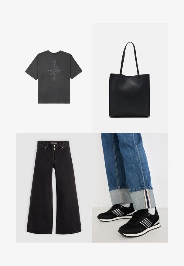 T-shirt oversized cinza escuro feito de algodão, apresentando um gráfico central do sol com detalhes de linhas intrincadas impressos na frente.; Calças de ganga de perna larga em denim preto com fecho éclair à frente, design de cinco bolsos e detalhes de costura subtil. Textura suave e estilo casual.; Tênis pretos com riscas brancas, combinados com jeans de ganga azuis com bainha dobrada e forro interior em contraste. Sola suave, design minimalista.; Bolsa tote preta em couro com textura lisa, forma retangular e duas alças longas. Sem hardware ou enfeites visíveis.
