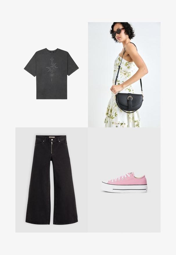 Tamsiai pilkas per didelis marškinėliai, pagaminti iš medvilnės, su centriniu saulės grafiku, turinčiu sudėtingus linijų detalizavimus, spaustu priekyje.; Plačios kojų džinsai iš juodo džinsinio audinio su užtrauktuku priekyje, penkių kišenių dizainu ir subtiliais siuvinėjimo akcentais. Lygus paviršius ir laisvalaikio stilius.; Rožiniai kanvos sportbačiai su klasikinio žemo profilio dizainu, balta guma priekinėje dalyje ir juodais akcentais ant pado. Lygūs balti raišteliai.; Juodas odinis krepšys su išlenkta forma, nuimamu dirželiu ir auksiniais detalėmis. Krepšys turi kilpą su sagtimi.