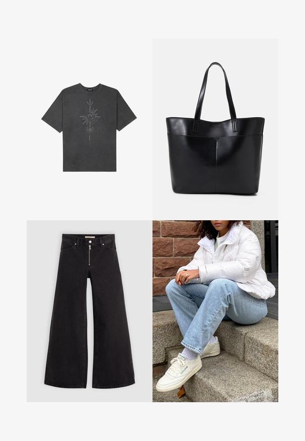 Mørkegrå oversized t-skjorte laget av bomull, med et sentralt solmotiv med intrikate linjedetaljer trykket på forsiden.; Vide benbukser i sort denim med glidelås i front, fem-lomme design og subtile sømdetaljer. Glatt tekstur og avslappet stil.; Hvitt puffjakke med høy krage, lyseblå denimjeans og hvite Reebok-sneakers. Teksturert steintrapp i bakgrunnen.; Svart lær toteveske med to lange håndtak, en glatt tekstur og en strukturert form. Har en frontlomme for ekstra oppbevaring.