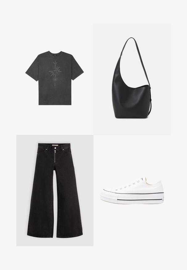 Tumši pelēks, pārspīlēts T-krekls, izgatavots no kokvilnas, ar centrālo saules grafiku ar sarežģītām līniju detaļām, kas izdrukātas priekšpusē.; Platas kājas džinsi melnā džinsa audumā ar rāvējslēdzēju priekšā, piecu kabatu dizains un smalkas šuvju detaļas. Gluda tekstūra un ikdienišķs stils.; Baltas auduma kedas ar gumijas zoli, zema griezuma dizains, melni akcenti gar zoli un noapaļota pirksta daļa. Aprīkoti ar metāla acīm.; Melnas ādas hobo soma ar gludu tekstūru, izliekta forma un vienu regulējamu jostu; augšā ir plaša atvere.