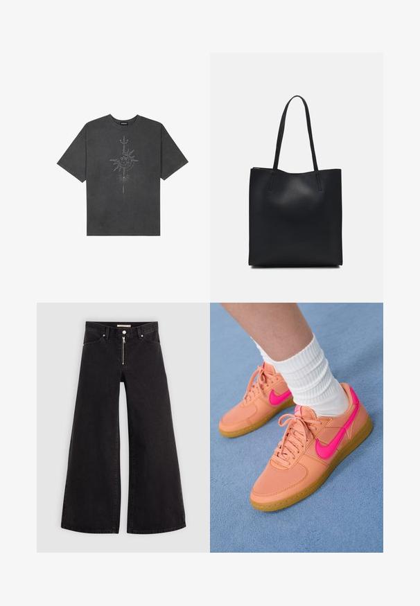 Tumši pelēks, pārspīlēts T-krekls, izgatavots no kokvilnas, ar centrālo saules grafiku ar sarežģītām līniju detaļām, kas izdrukātas priekšpusē.; Platas kājas džinsi melnā džinsa audumā ar rāvējslēdzēju priekšā, piecu kabatu dizains un smalkas šuvju detaļas. Gluda tekstūra un ikdienišķs stils.; Rozā un apelsīnu krāsas sporta apavi ar ādas un auduma augšdaļu, apaļu purngali, gumijas zole un rozā Nike zizlis, novietoti uz zila virsmas.; Melnas ādas somiņa ar gludu tekstūru, taisnstūra formu un divām garām rokturiem. Nav redzamu aparatūras vai rotājumu.