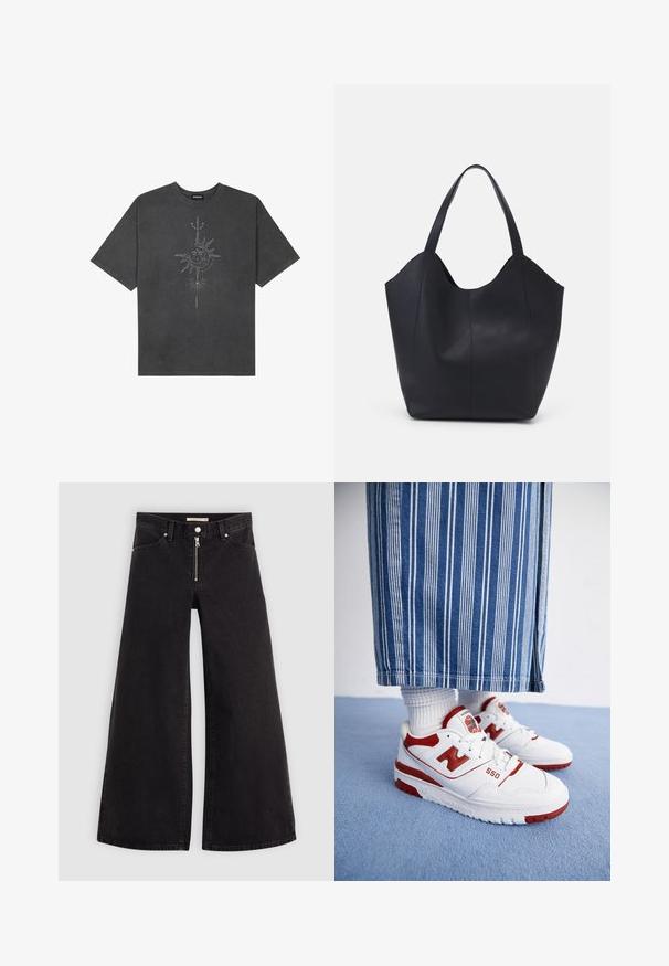 Tumehall pehmea t-särk, mis on valmistatud puuvillast, esiküljel on keeruliste joontega trükitud keskmine päikesegraafika.; Laiad teksad mustast denimist, millel on lukuga eesmine osa, viie taskuga disain ja peened õmblusdetailid. Sile tekstuur ja juhuslik stiil.; Valged ja punased New Balance 550 tennisjalanõud, millel on perforatsioonid ja paks kummist tald, koos valgete ribatekstiilis sokkidega ning triibuliste teksapükstega.; Must must kinnas must rinna, millel on kaarjas avatud ülemine osa, kaks õlarihma ja minimalistlik disain.