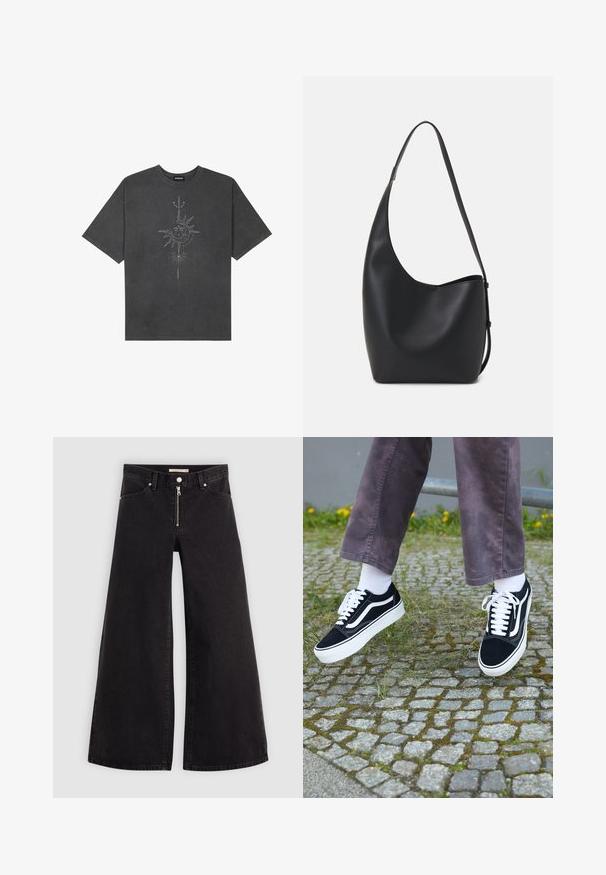T-shirt oversized cinza escuro feito de algodão, apresentando um gráfico central do sol com detalhes de linhas intrincadas impressos na frente.; Calças de ganga de perna larga em denim preto com fecho éclair à frente, design de cinco bolsos e detalhes de costura subtil. Textura suave e estilo casual.; Sapatilhas de camurça pretas com detalhes brancos, apresentando um bico arredondado, sola branca grossa e um design clássico de atacadores, usadas com meias brancas e calças roxas.; Saco hobo preto em pele com uma textura lisa, forma curva e uma única alça ajustável; apresenta uma abertura larga na parte de cima.