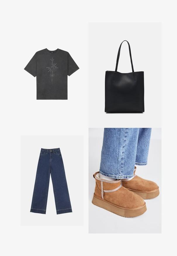 Mörkgrå överdimensionerad t-shirt i bomull, med en central solgrafik med intrikata linjedetaljer tryckta på framsidan.; Breda jeans i mörkblå denim. Har fem fickor, bälteshögar och en ofärdig kant längst ner med synliga sömnadsdetaljer.; Bruna mocka ankelskor med en tjock, strukturerad sula. Har ett dekorativt band med ett rutigt mönster runt vristen.; Svart lädertoffelväska med slät textur, rektangulär form och två långa handtag. Ingen synlig hårdvara eller dekorationer.