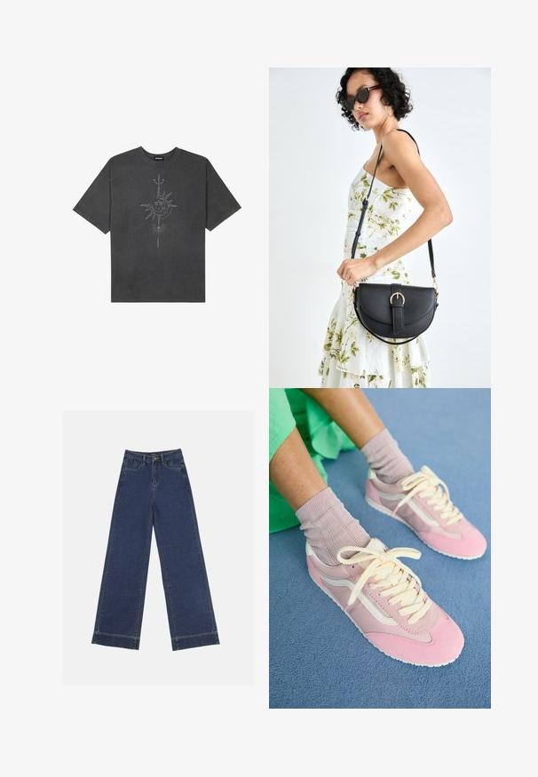 Sötétszürke, nagy méretű pamut póló, középen nap motívummal, aprólékos vonal részletekkel nyomtatva elöl.; Sötétkék denim széles lábú farmernadrág. Öt zsebbel, övhurkokkal és nyers szegéllyel az alján, amelyen látható varrási részletek találhatók.; Rózsaszín sportcipők, velúrból és hálóból készült, krém színű díszítésekkel. Vastag fűzővel, struktúrált felülettel és fehér gumitalppal rendelkezik.; Fekete bőrtáska ívelt formával, levehető pánttal és arany színű fémrészekkel. A táskán egy csattal díszített fedél található.