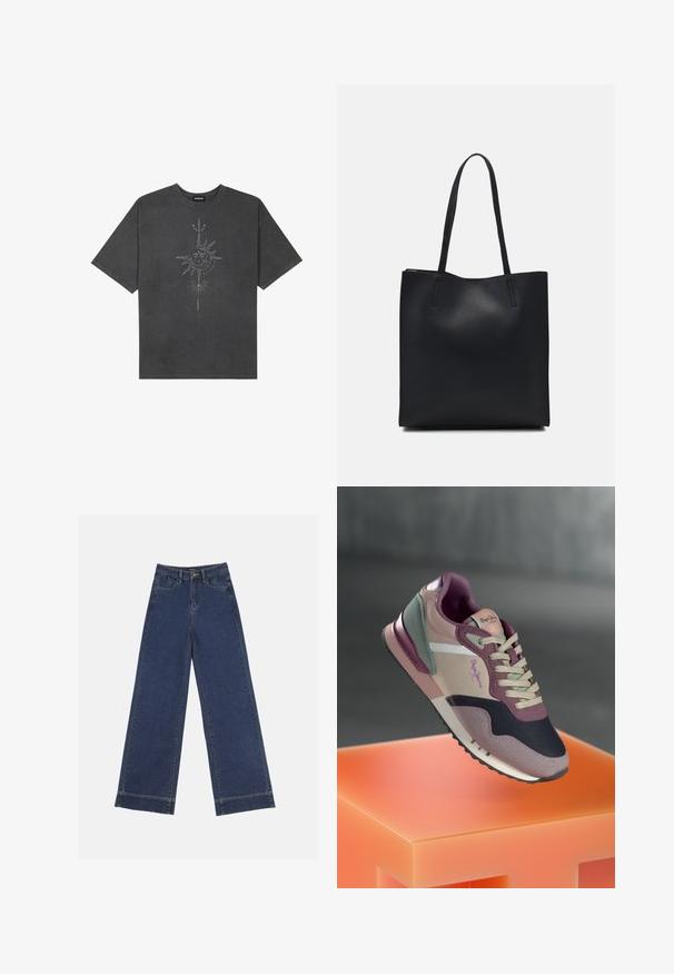 Mørkegrå oversized t-skjorte laget av bomull, med et sentralt solmotiv med intrikate linjedetaljer trykket på forsiden.; Videbenede dressbukser i mørkeblå denim. Har fem lommer, beltestropper og en rå kant i bunden med synlige stikninger.; Sneaker med en blanding av mauve, rosa og marineblå nyanser; stoff- og lærmaterialer; lagdelt design; fremtredende logo og teksturerte detaljer.; Svart lær tote bag med glatt tekstur, rektangulær form og to lange håndtak. Ingen synlige deler eller dekorasjoner.