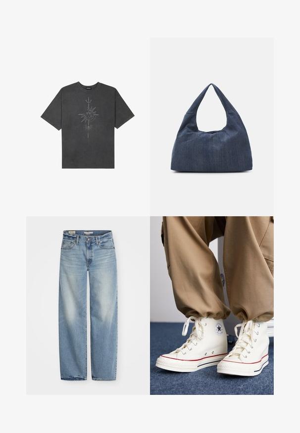 Dark gray oversized t-shirt made of cotton, featuring a central sun graphic with intricate line details printed on the front.; Light blue wide-leg jeans made of denim. Features a button and zip fly, five pockets, and a faded finish with a slightly distressed hem.; White high-top sneakers made of canvas with a rubber sole, featuring a black star logo and red and navy stripe accents.; Dark blue denim bag with a soft, slouchy shape, featuring a hobo-style handle and textured surface. No visible hardware accents.