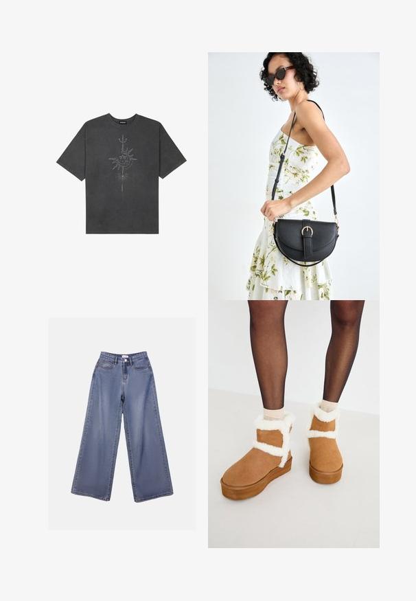 Dark gray oversized t-shirt made of cotton, featuring a central sun graphic with intricate line details printed on the front.; Wide-leg denim jeans in a light blue wash, featuring a high waist, front pockets, and a button closure with belt loops.; Brown suede ankle boots with white faux fur trim and platform sole, featuring a cross-strap design. Smooth texture and rounded toe.; Black leather handbag with a curved shape, detachable strap, and gold hardware. The bag features a flap with a buckle detail.