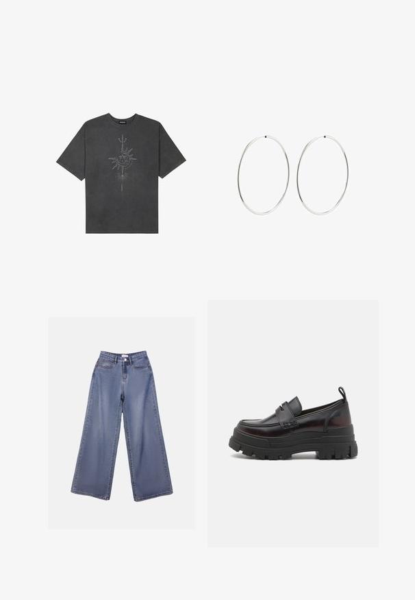 Dark gray oversized t-shirt made of cotton, featuring a central sun graphic with intricate line details printed on the front.; Wide-leg denim jeans in a light blue wash, featuring a high waist, front pockets, and a button closure with belt loops.; Buffalo ASPHA LOAFER - Slip-ons - black/red; Silver hoop earrings with a smooth, round design and a polished finish. They are thin and lightweight, featuring a simple clasp closure.