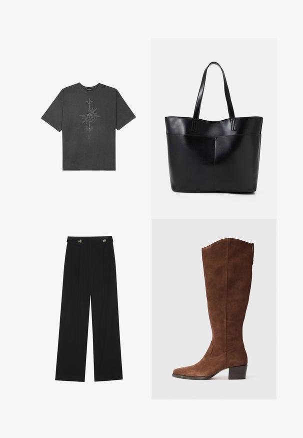 Mørkegrå oversized t-skjorte laget av bomull, med et sentralt solmotiv med intrikate linjedetaljer trykket på forsiden.; Svart vide bukser med høy midje, knappdetaljer på midjebåndet og frontplisser.; Brune semskede knelang støvler med spids tå og stablet hæl. Har en glat finish og minimalistiske syninger.; Svart lær toteveske med to lange håndtak, en glatt tekstur og en strukturert form. Har en frontlomme for ekstra oppbevaring.