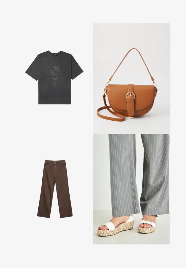 Mørkegrå oversized t-shirt lavet af bomuld, med et centralt solgrafik med indviklede linjedetaljer trykt på forsiden.; Bredde ben brun denim jeans med høj talje, forlommer og klassisk knaplukning. Glat tekstur med diskret syninger.; Hvide kilehæle med en vævet espadrille-sål, der har en glat overdel og en subtil metallisk detalje ved hælen. Grå stribede bukser er synlige.; Brun læder crossbody taske med en buet form, guldfarvet hardware og en spændeaccent. Har en aftagelig skulderrem.