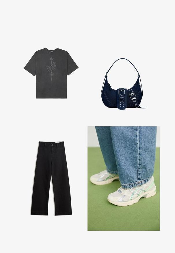 Sötétszürke, nagy méretű pamut póló, középen nap motívummal, aprólékos vonal részletekkel nyomtatva elöl.; Fekete, bő szabású farmernadrág magas derékkal, elülső és hátsó zsebekkel, varrott felületekkel és gombos záródással. Sima textúra.; Fehér és ezüst hálós sportcipők zöld kiegészítőkkel, laza kék farmernadrággal viselve, zöld szőnyeggel borított padlón állva.; Sötétkék farmer válltáska ívelt felső résszel, ezüst színű hardverrel, merész csattal, és tüskés pántdíszekkel. Cipzáros rekesz látható.