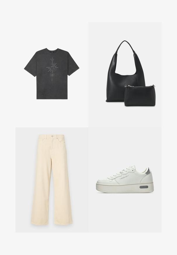 Tamno siva oversized majica od pamuka, s centralnom grafikom sunca s složenim linijskim detaljima ispisanim na prednjoj strani.; Bež traperice širokih nogavica napravljene od pamuka. Imaju zatvaranje na dugme, petlje za remen i prednje džepove s glatkom, mekanom teksturom.; Bijele kožne tenisice s teksturiranom potplatom, sa srebrnim metalnim nastavkom na peti i "REPLAY" oznakom sa strane. Minimalistički dizajn.; Even&Odd SET - Ručna torba - black