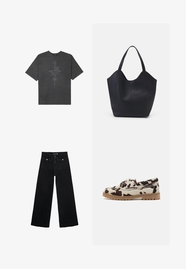 T-shirt surdimensionné gris foncé en coton, avec un graphisme central représentant un soleil, ornée de détails de lignes complexes imprimés sur le devant.; Jean's larges noires avec taille haute, dotés de deux poches avant et d'accents en métal sur les boutons. Le tissu a une texture lisse.; Chaussures à motif peau de vache avec une base crème et des taches marron foncé, construites avec une semelle en caoutchouc et un lacet.; Sac fourre-tout noir en cuir lisse, doté d'un haut ouvert et courbé avec deux brides d'épaule et un design minimaliste.