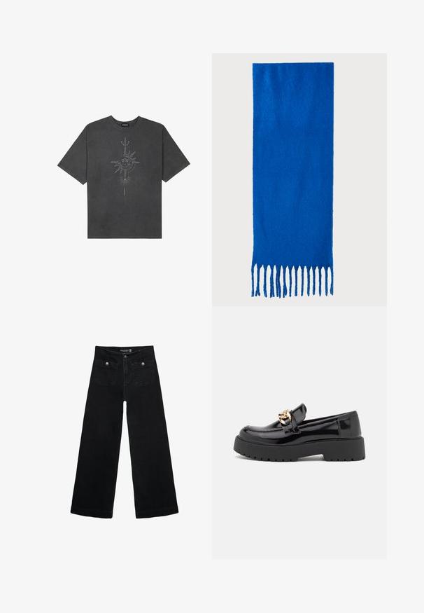 T-shirt oversize grigio scuro in cotone, con una grafica centrale di un sole con dettagli intricati stampati sul davanti.; Jeans neri a gamba larga con vita alta, dotati di due tasche frontali e dettagli in metallo sui bottoni. Il tessuto ha una texture liscia.; Mocassini in pelle verniciata nera con suola spessa nera e dettagli in hardware dorato. Texture liscia e design con punta arrotondata.; Sciarpa blu con frange, realizzata in tessuto morbido; presenta un colore uniforme con una superficie testurizzata e frange tagliate in modo uniforme nella parte inferiore.