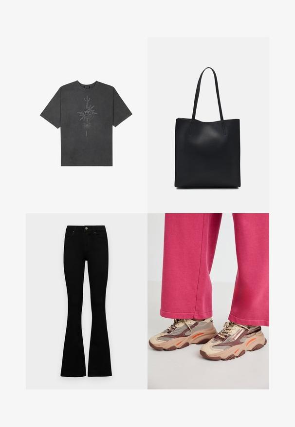 Temno siva oversize majica iz bombaža, z centralno grafiko sonca z zapletenimi črtnimi podrobnostmi natisnjenimi spredaj.; Črne visokotopne kavbojke z gumbom in zadrgo, sprednjimi žepi in razširjenimi hlačnicami, poleg bel background.; Puhasti bež športni copati z mrežico in rjavimi akcenti, ki vključujejo oranžne poudarke in teksturiran podplat. Nosi se z roza hlačami, kar prikazuje sproščen videz.; Črna usnjena torba s svilnato teksturo, pravokotne oblike in dvema dolgima ročajema. Brez vidnih metalnih delov ali okrasnih elementov.