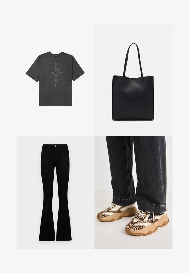 Donkergrijze oversized t-shirt van katoen, voorzien van een centrale zonafbeelding met ingewikkelde lijndetails die op de voorkant zijn gedrukt.; Zwarte hoge taille jeans met een knoop- en ritssluiting, voorzakken en een flared pijp, plat gelegd op een witte achtergrond.; Luipaardprint sneakers met mesh- en leren panelen, tan rubberen buitenzool en contrasterende zwarte accenten. Gedragen met loszittende donkere spijkerbroeken.; Zwarte leren handtas met een gladde textuur, rechthoekige vorm en twee lange handvaten. Geen zichtbare hardware of versieringen.