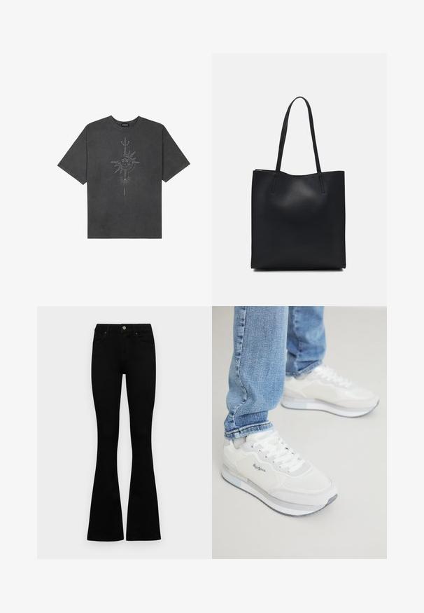 Tumehall pehmea t-särk, mis on valmistatud puuvillast, esiküljel on keeruliste joontega trükitud keskmine päikesegraafika.; Mustad kõrge vöökohtadega teksad, millel on nööp ja lukuga sulgemine, esikäe taskud ja laienevad sääred, asetatud tasasele valgele taustale.; Valged spordijalatsid tekstuurse, sileda viimistlusega, varustatud paeltega ja hallist kummist välispõhjaga. Koos heledate, kitsenevate siniste teksadega.; Mustast nahast kott sujuva tekstuuriga, ristkülikukujuline ja kahe pika sangaga. Pole nähtavat riistvara ega kaunistusi.