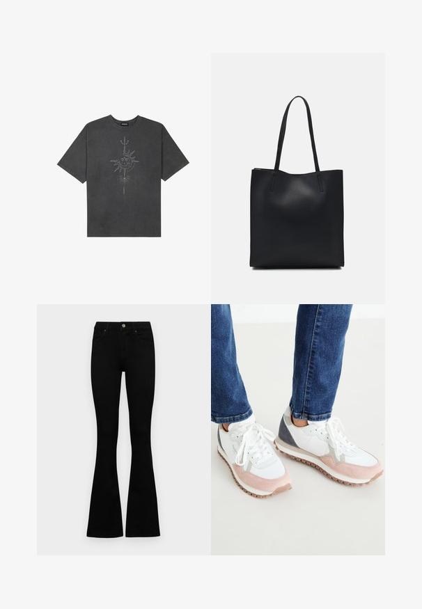 Mørkegrå oversized t-skjorte laget av bomull, med et sentralt solmotiv med intrikate linjedetaljer trykket på forsiden.; Sorte høytlivsjeans med knapp og glidelås, frontlommer og utsvingte bein liggende flatt på en hvit bakgrunn.; Hvite og lyse rosa joggesko med grå detaljer, som har overdel i semsket skinn og mesh, gummisåle og runde snører.; Svart lær tote bag med glatt tekstur, rektangulær form og to lange håndtak. Ingen synlige deler eller dekorasjoner.