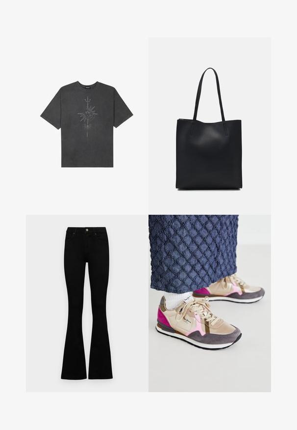 Camiseta de gran tamaño gris oscuro hecha de algodón, con un gráfico central de un sol con intrincados detalles lineales impresos en la parte frontal.; Jeans negros de cintura alta con cierre de botón y cremallera, bolsillos frontales y piernas acampanadas, dispuestos sobre un fondo blanco.; Zapatillas en tonos beige, gris y rosa que presentan una combinación de cuero liso y gamuza. Completas con cordones y una suela blanca en contraste.; Bolso tote de cuero negro con textura lisa, forma rectangular y dos asas largas. Sin herrajes ni adornos visibles.