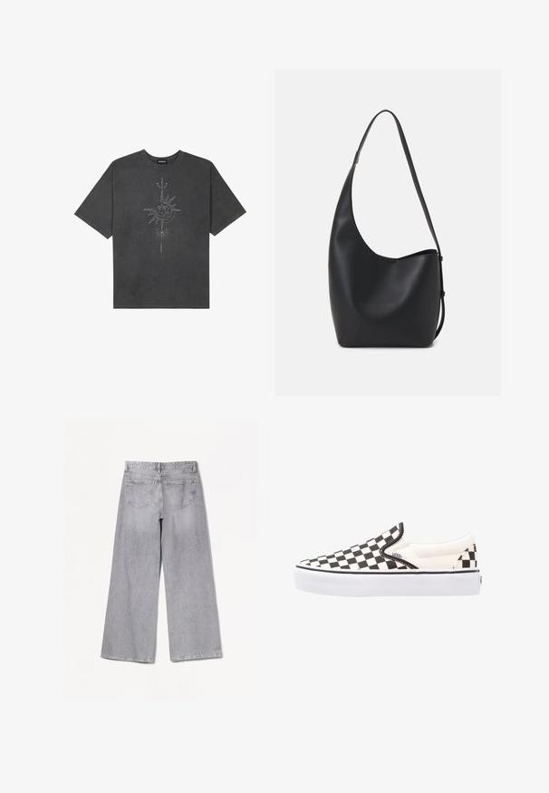 Tricou oversized de culoare gri închis, realizat din bumbac, având un grafic central cu soare, cu detalii complexe imprimat pe față.; Bershka WIDE-LEG - Wide leg - grey; Adidași slip-on Vans în carouri alb-negru, cu un exterior din pânză, talpă din cauciuc și guler căptușit. Vârf plat, rotund, cu accente albe pe talpă.; Geantă hobo din piele neagră, cu o textură netedă, formă curbată și un singur bretele ajustabil; are o deschidere largă în partea de sus.