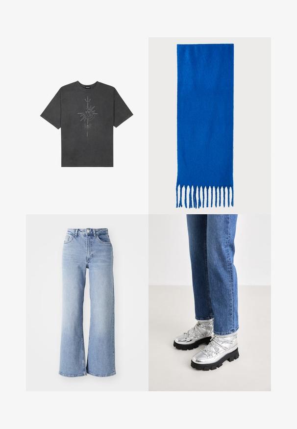 Mørkegrå oversized t-skjorte laget av bomull, med et sentralt solmotiv med intrikate linjedetaljer trykket på forsiden.; Lyseblå høyt liv vide jeans med front- og baklommer, knappelukking og subtile falminger på lårene og kanten.; Metalliske sølv ankelstøvler med en røff svart såle, med polstret overdel og snøring, kombinert med blå rettskårne jeans.; Blå frynset skjerf laget av myk stoff; har en ensfarget overflate med en teksturert overflate og jevnt klipte frynser nederst.
